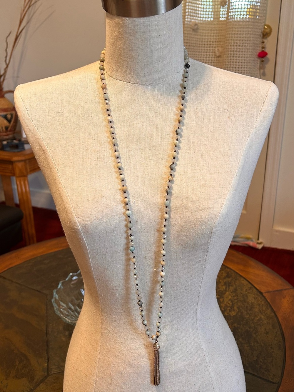 Layered Beaded Tassel Necklace in Sage and Gray Agate and Crystal beads - Picture 6 of 9